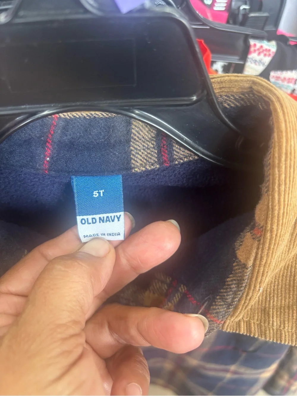 Old Navy Navy and Tan Plaid Button-Down Shirt with Corduroy Collar
